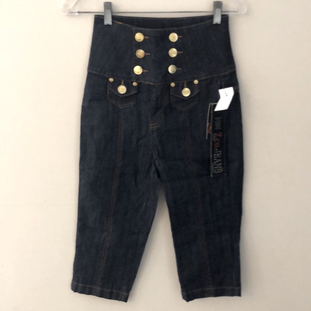 Zco. Dark wash jeans high gold buttoned waist cropped front pockets stretch SZ 3